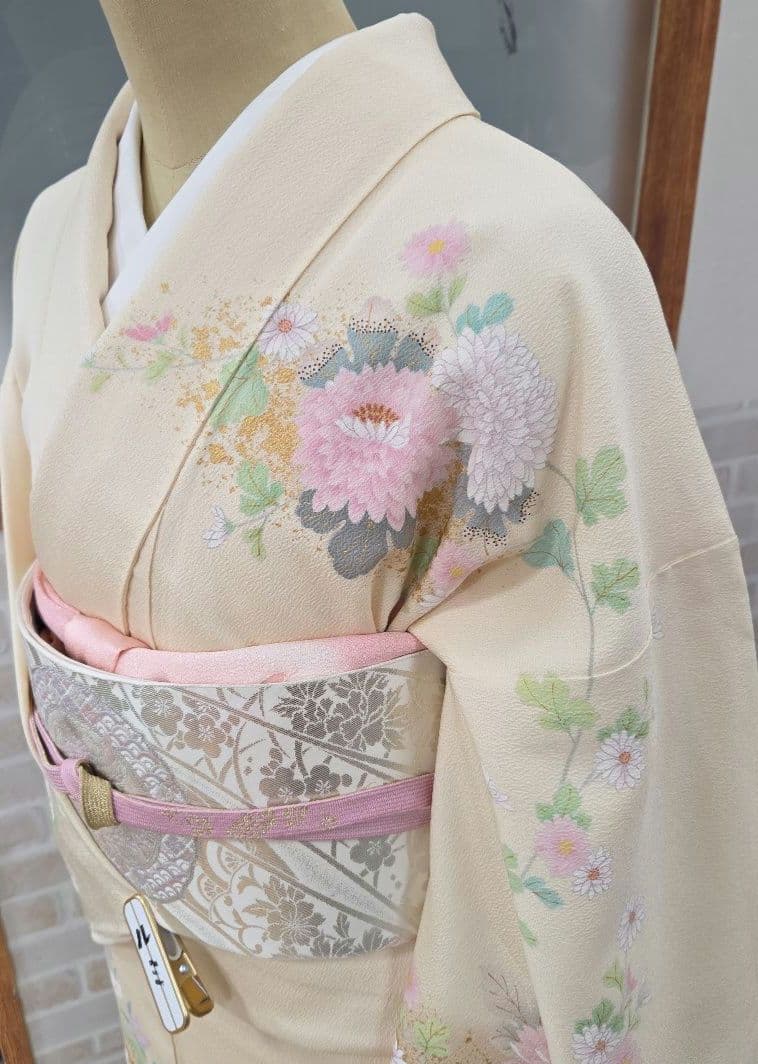 訪問着 クリーム系4点フルセット、着物、袋帯、帯締め、帯揚げ