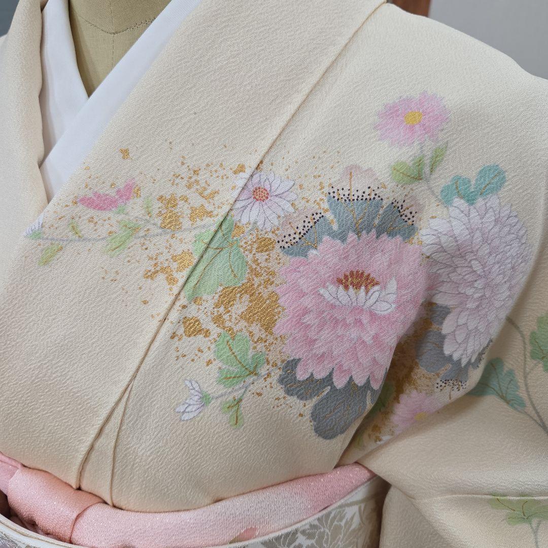 訪問着 クリーム系4点フルセット、着物、袋帯、帯締め、帯揚げ