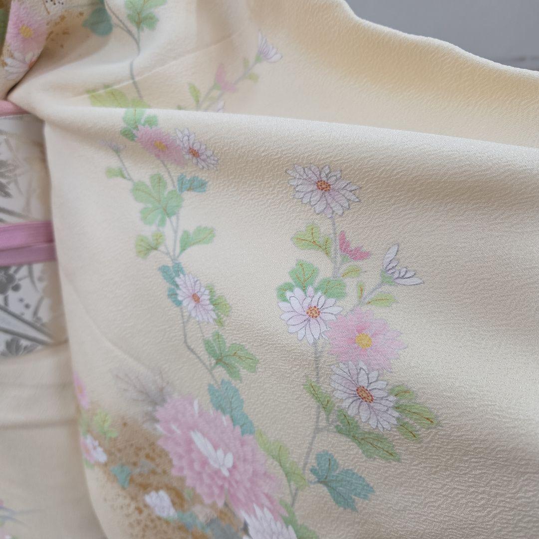 訪問着 クリーム系4点フルセット、着物、袋帯、帯締め、帯揚げ