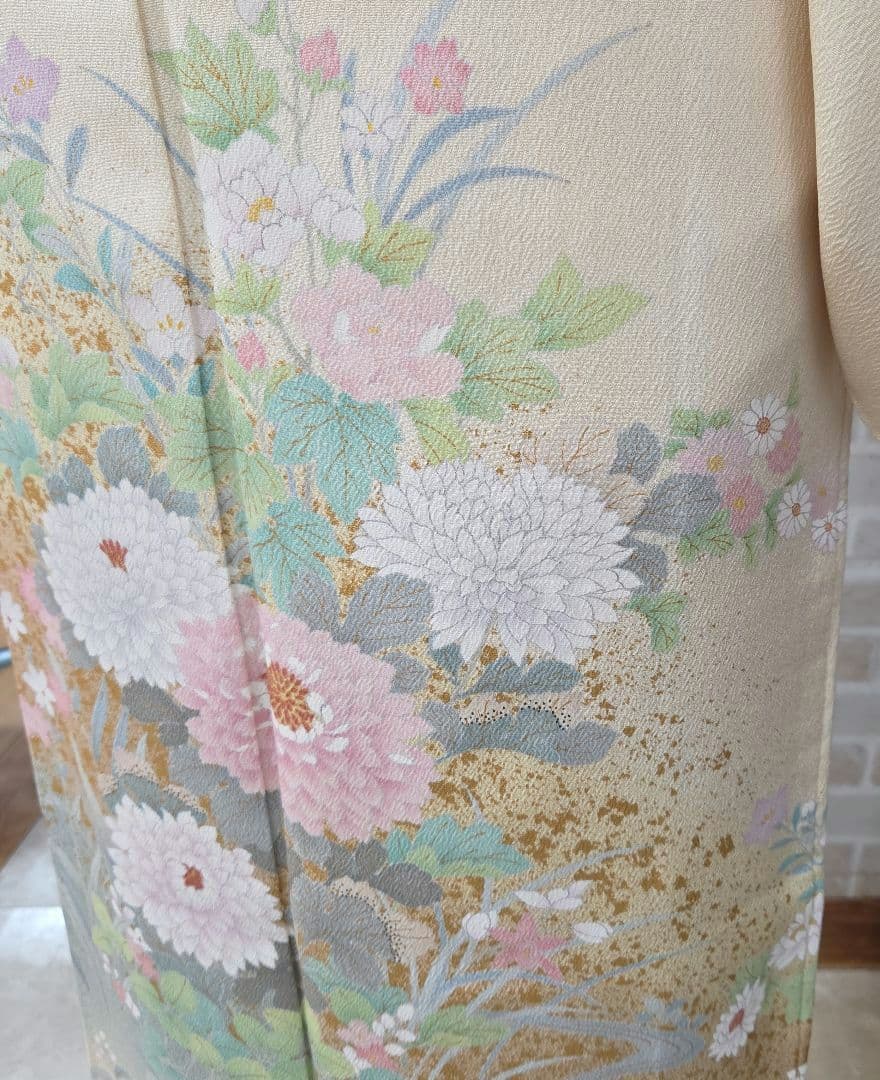 訪問着 クリーム系4点フルセット、着物、袋帯、帯締め、帯揚げ