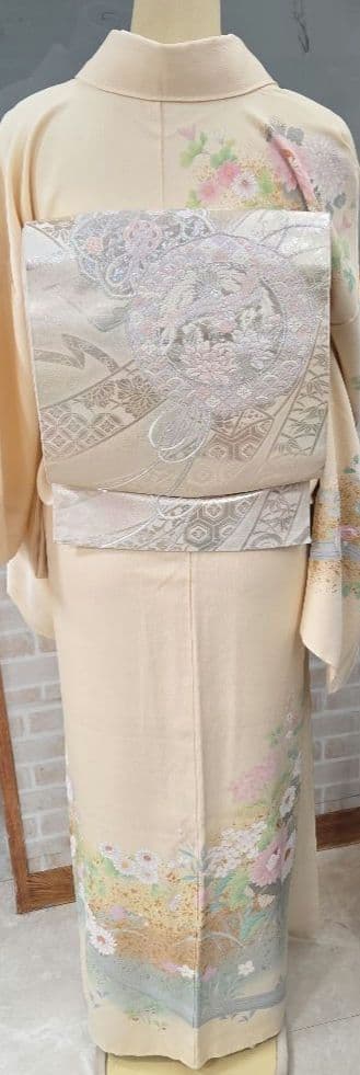 訪問着 クリーム系4点フルセット、着物、袋帯、帯締め、帯揚げ