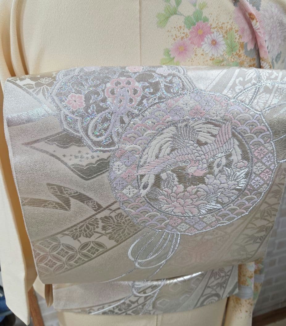 訪問着 クリーム系4点フルセット、着物、袋帯、帯締め、帯揚げ