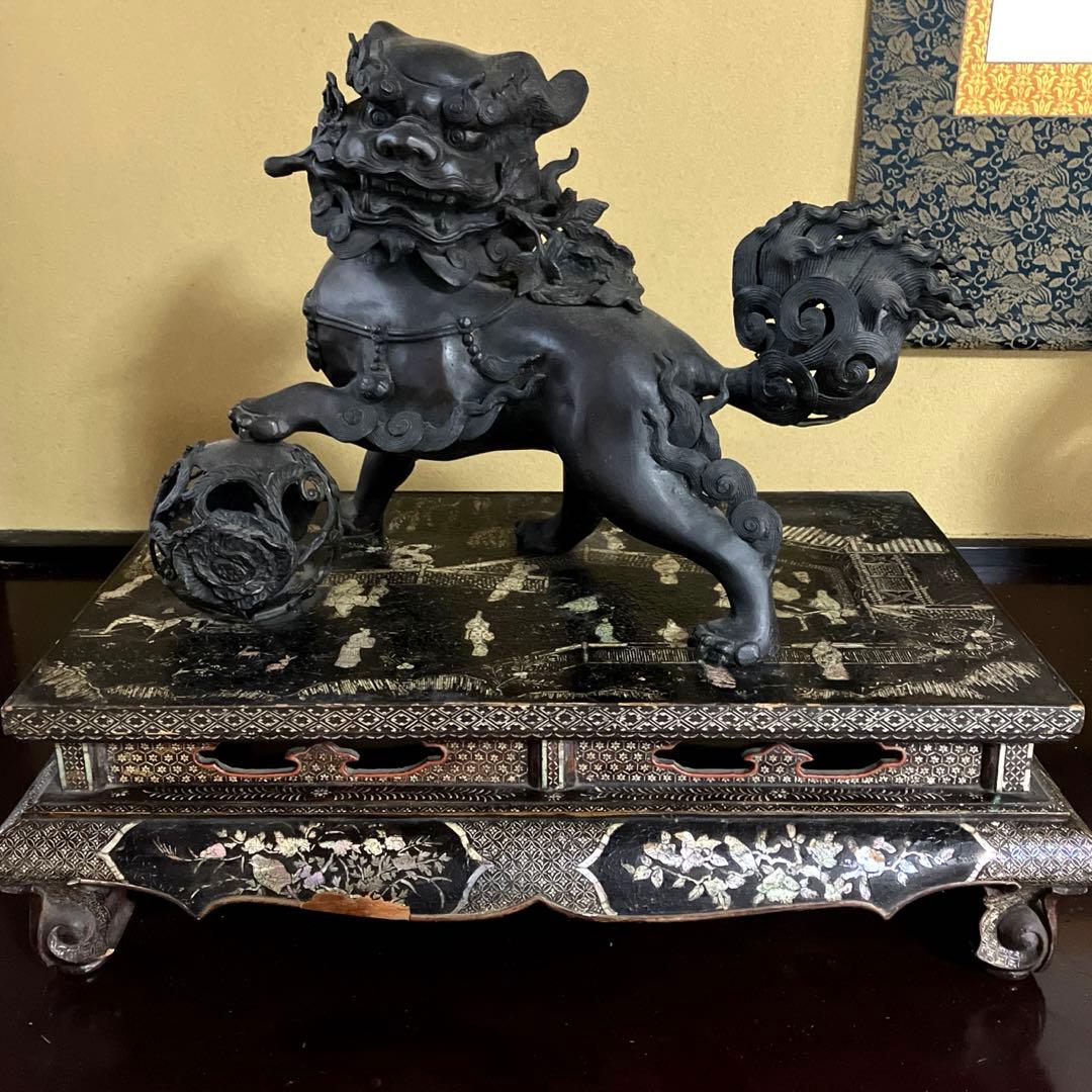 玉獅子香炉　玉獅子置物　銅製　置き物　縁起物　厄除け　高岡銅器　骨董品