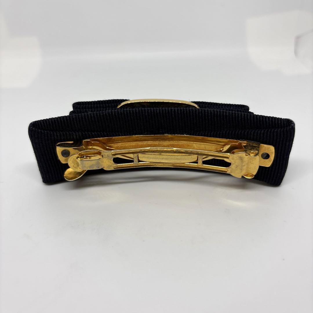 【美品】【フェラガモ】バレッタ ヴァラ リボン ネイビー×ゴールドカラー