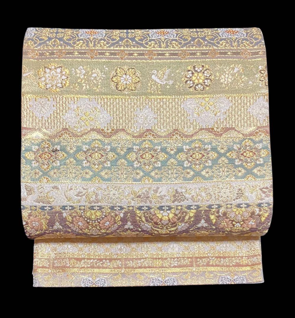 ツーシーズンリバーシブル袋帯 全通柄 正絹 正倉院百彩文 未使用に近いイ6524