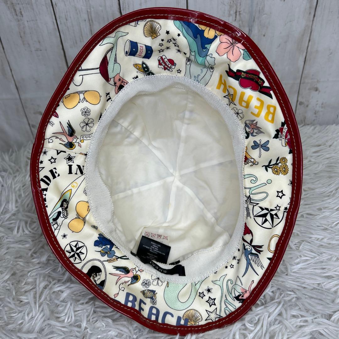 希少　GUCCI バケットハット　プリント　ビーチ　総柄　ホワイト　レッド　帽子