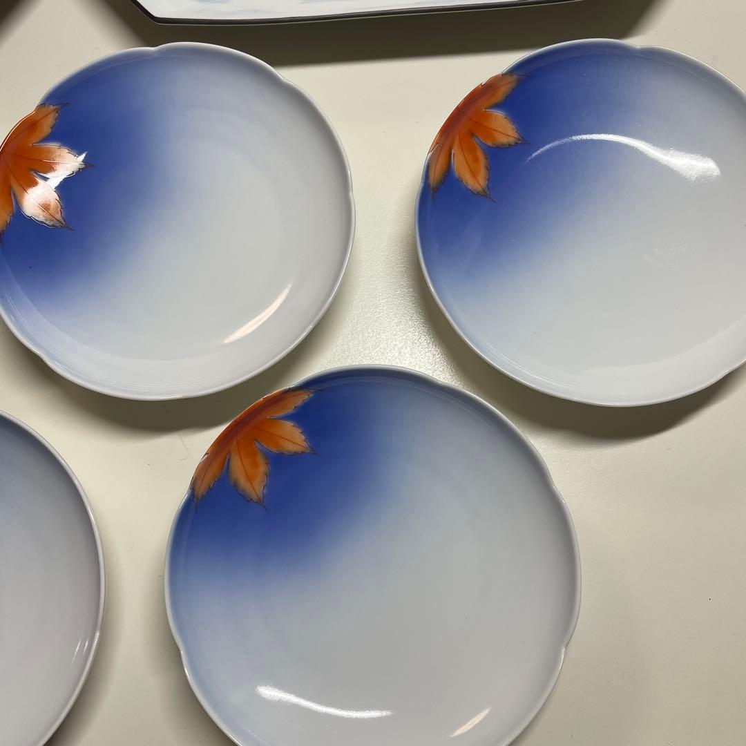 深川製磁　長皿２枚 青天の紅葉　小皿５枚