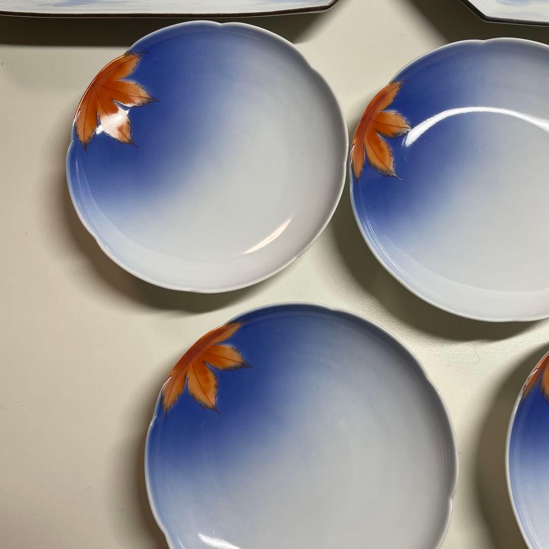 深川製磁　長皿２枚 青天の紅葉　小皿５枚