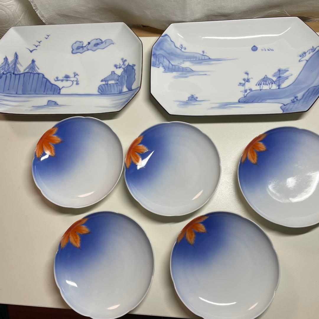 深川製磁　長皿２枚 青天の紅葉　小皿５枚