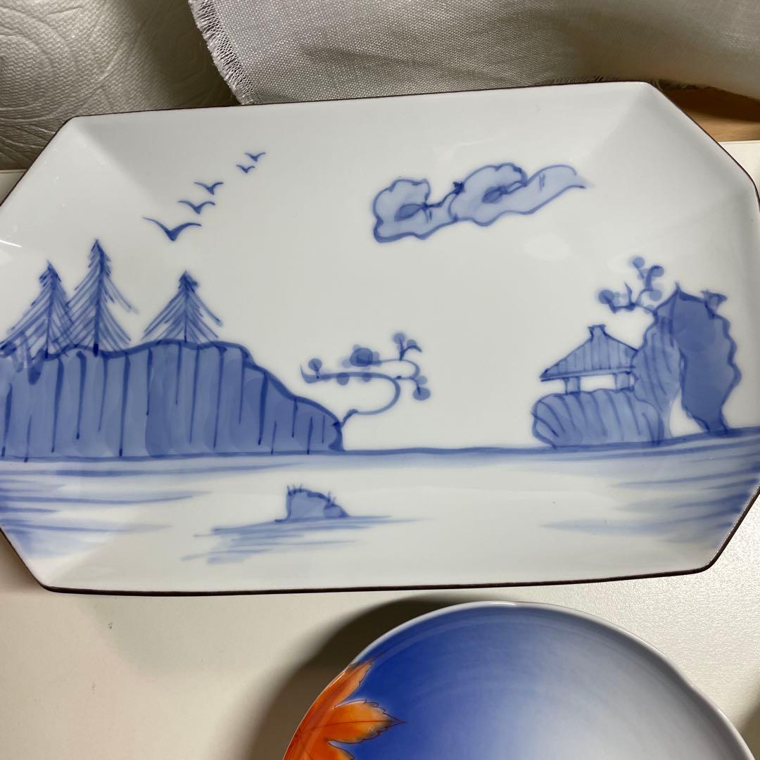 深川製磁　長皿２枚 青天の紅葉　小皿５枚