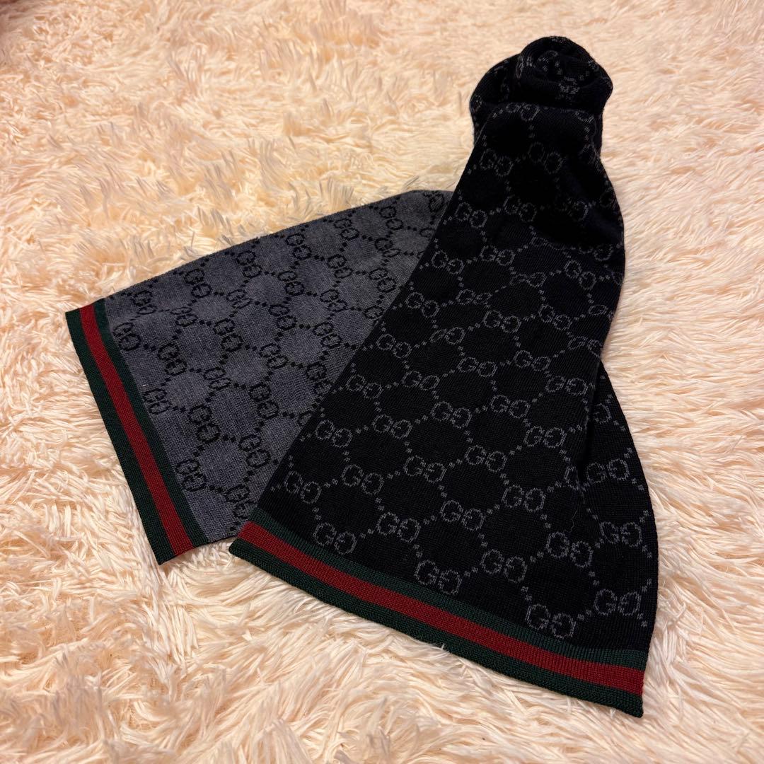 GUCCI GG柄 マフラー リバーシブル ブラック グレー 正規品