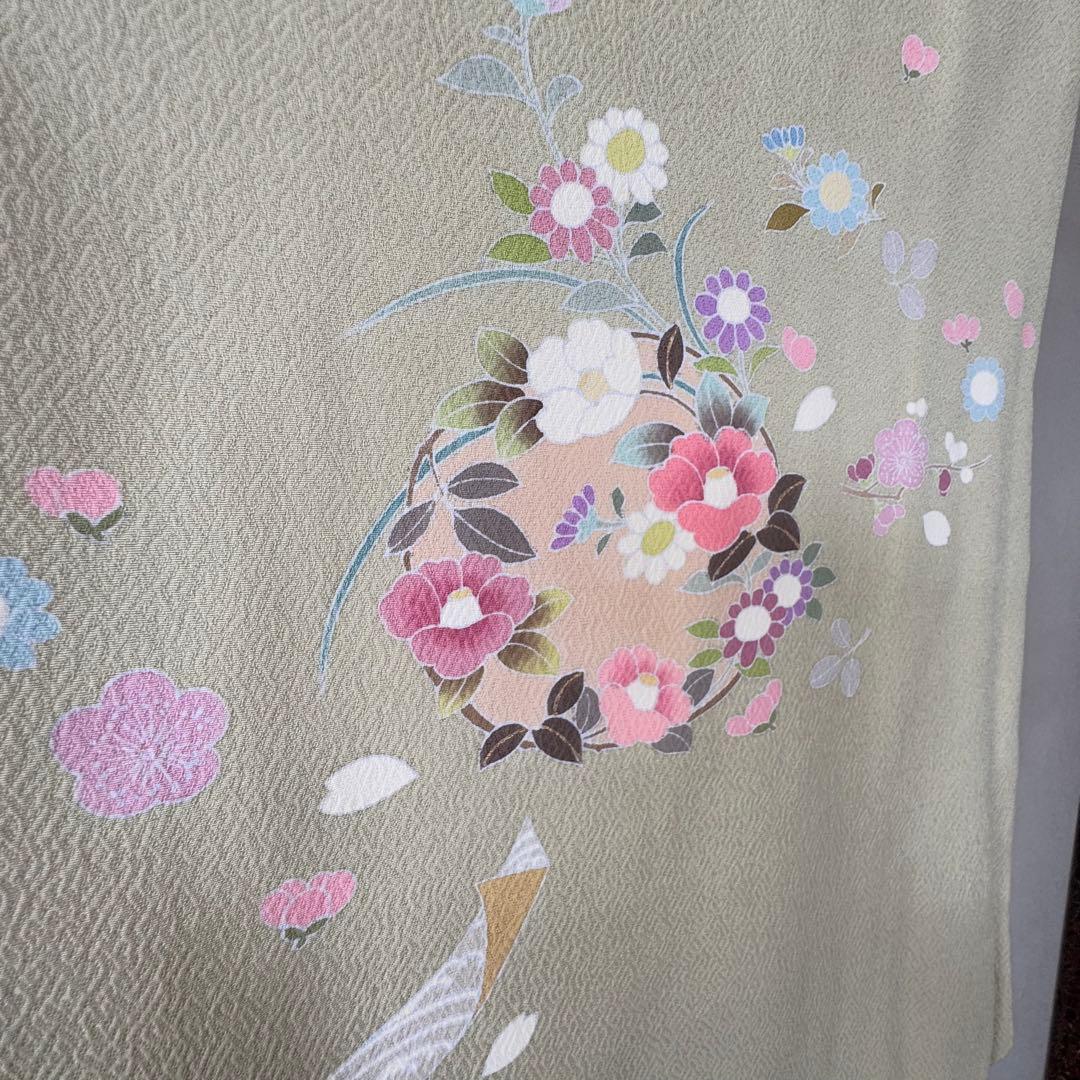 超美品　正絹　袷　現代　正統派　訪問着　着物　 163 黄緑　鶯色　手書き　上品