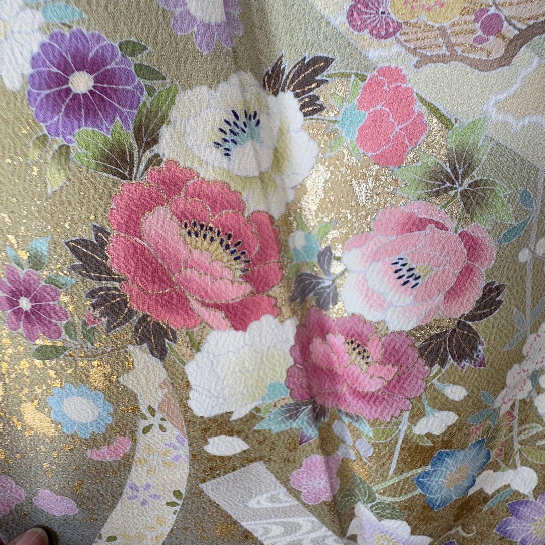 超美品　正絹　袷　現代　正統派　訪問着　着物　 163 黄緑　鶯色　手書き　上品