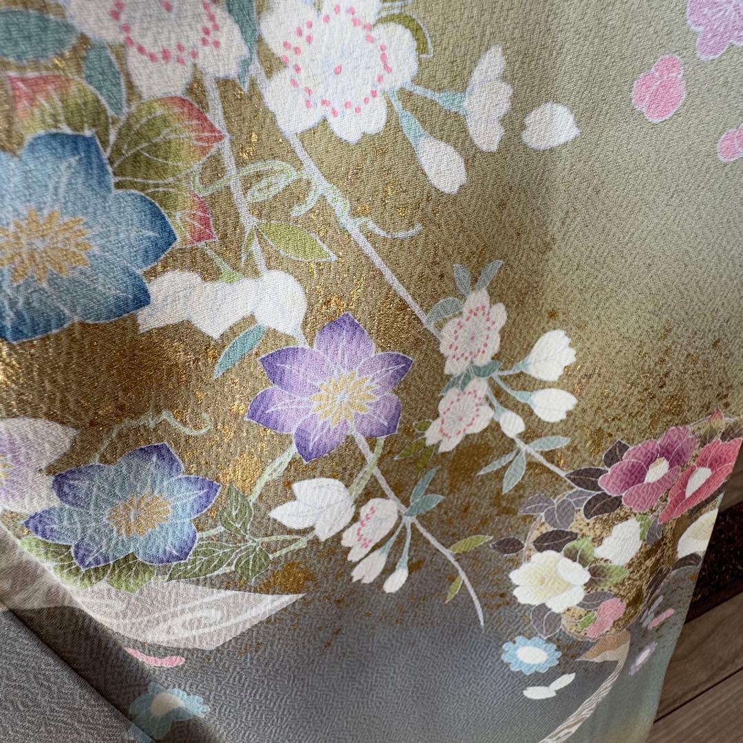 超美品　正絹　袷　現代　正統派　訪問着　着物　 163 黄緑　鶯色　手書き　上品