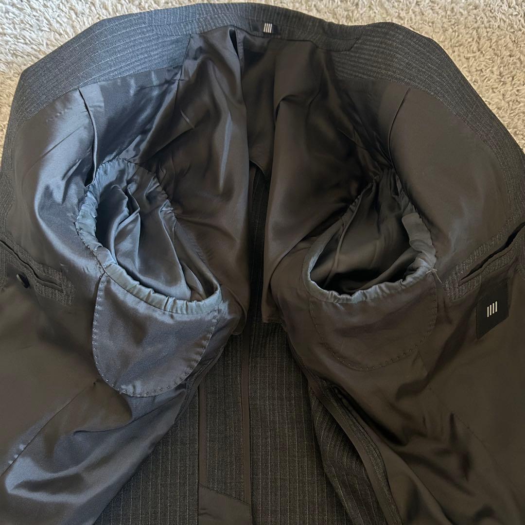 【美品】スーツセレクト 3ピース セットアップ A6 ストライプ グレー系