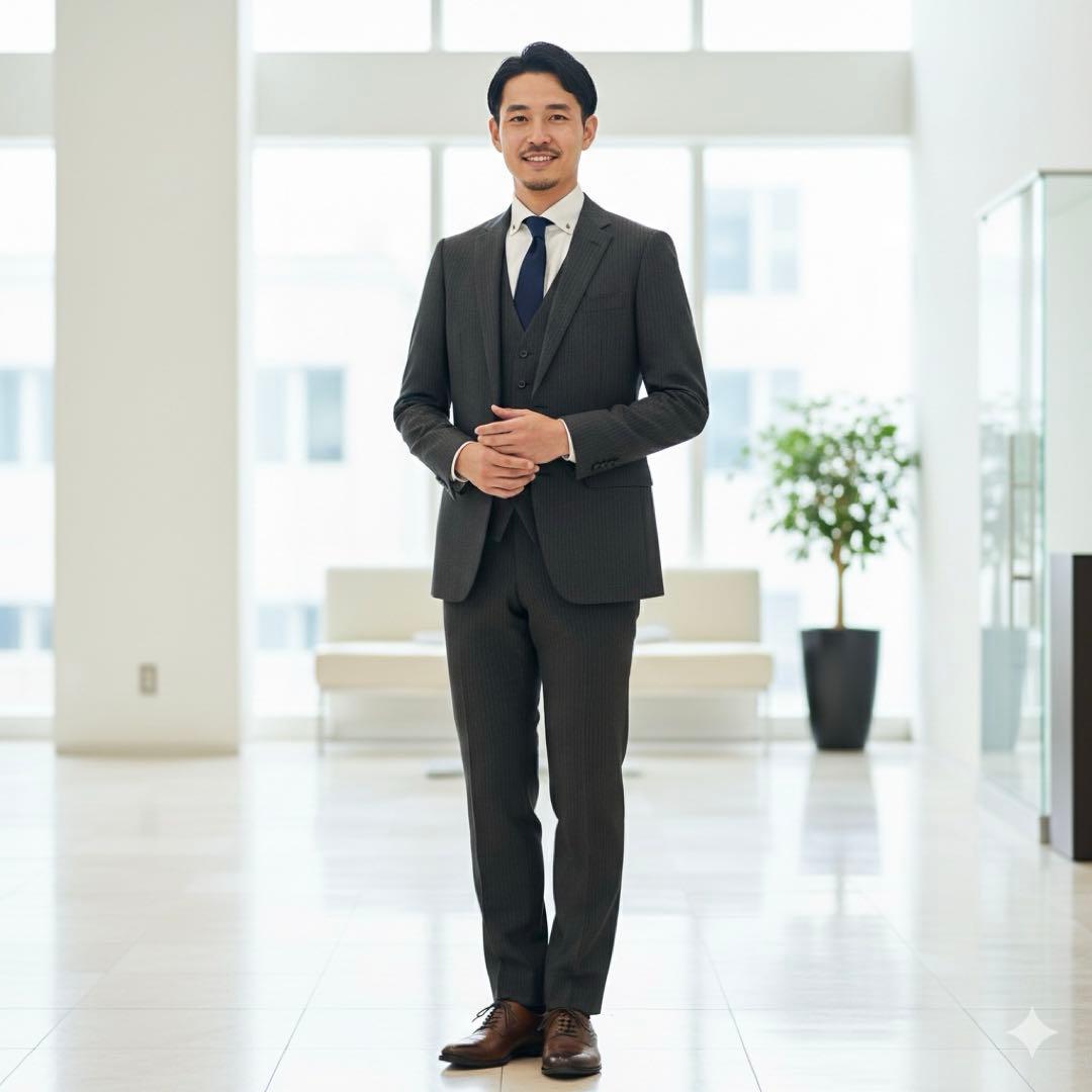 【美品】スーツセレクト 3ピース セットアップ A6 ストライプ グレー系