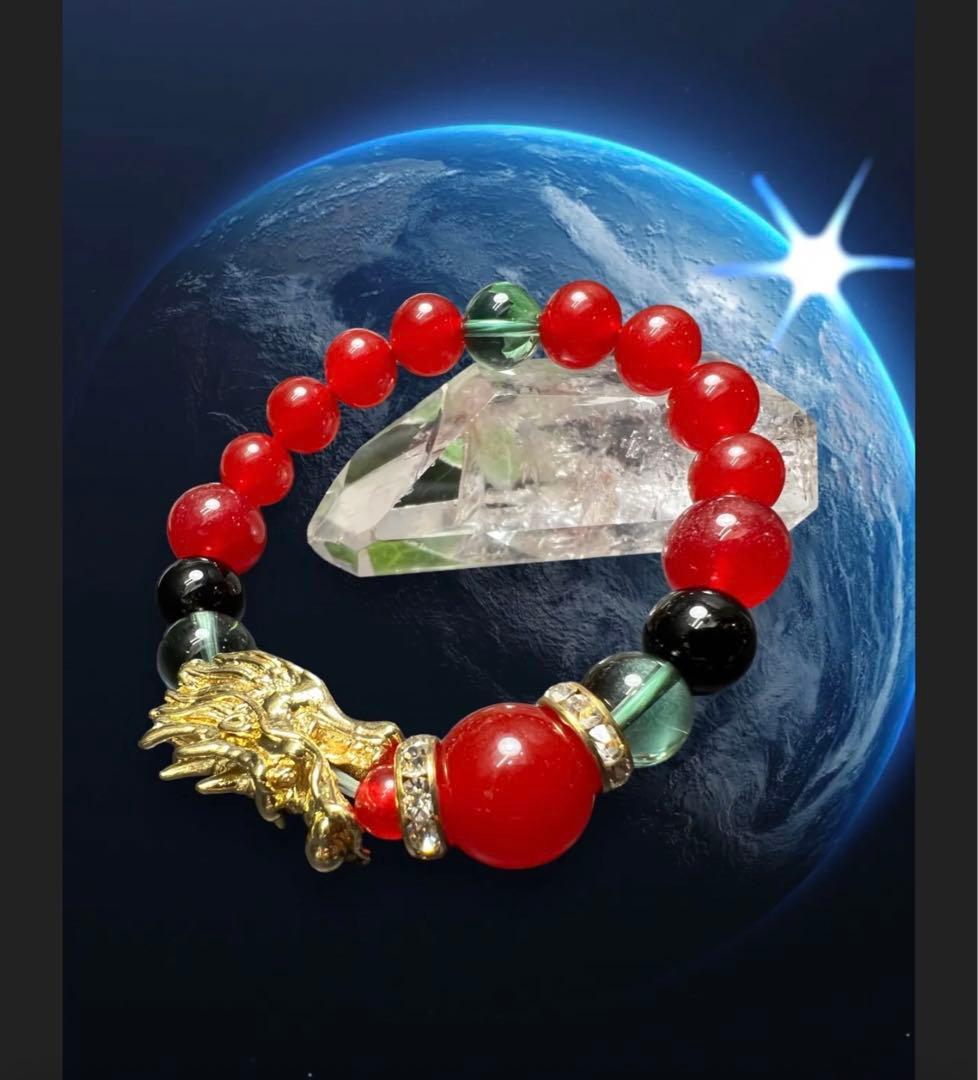 ienoriha 金龍 ＆秘紅石.緑水晶超金運ブレスレット❣️トリプル金運