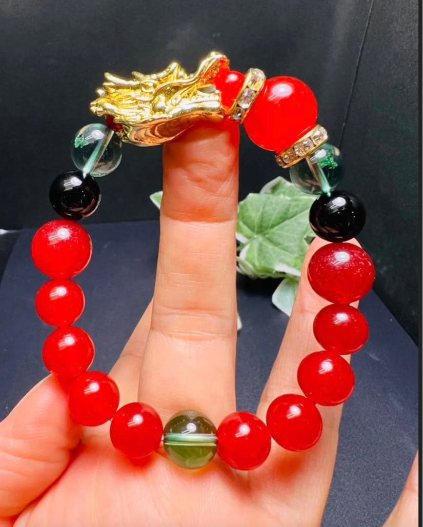 ienoriha 金龍 ＆秘紅石.緑水晶超金運ブレスレット❣️トリプル金運