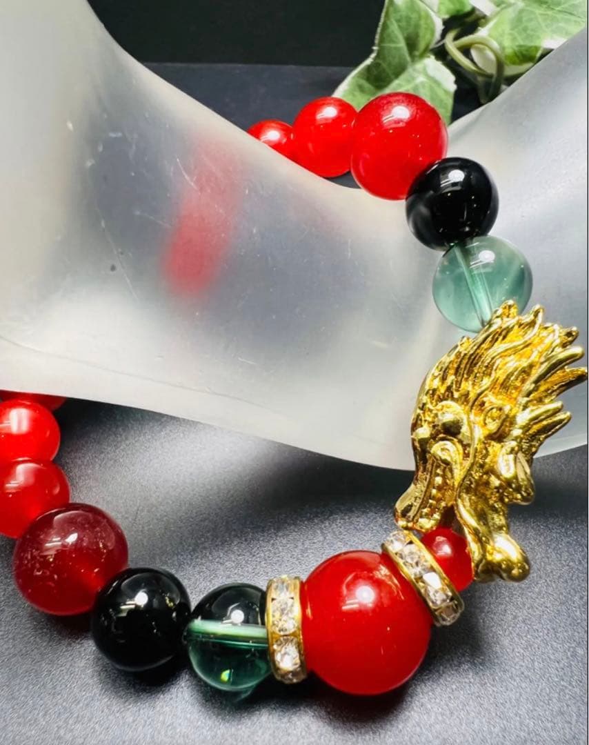 ienoriha 金龍 ＆秘紅石.緑水晶超金運ブレスレット❣️トリプル金運