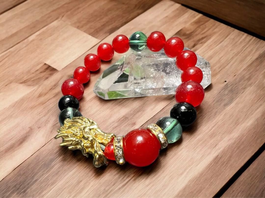 ienoriha 金龍 ＆秘紅石.緑水晶超金運ブレスレット❣️トリプル金運