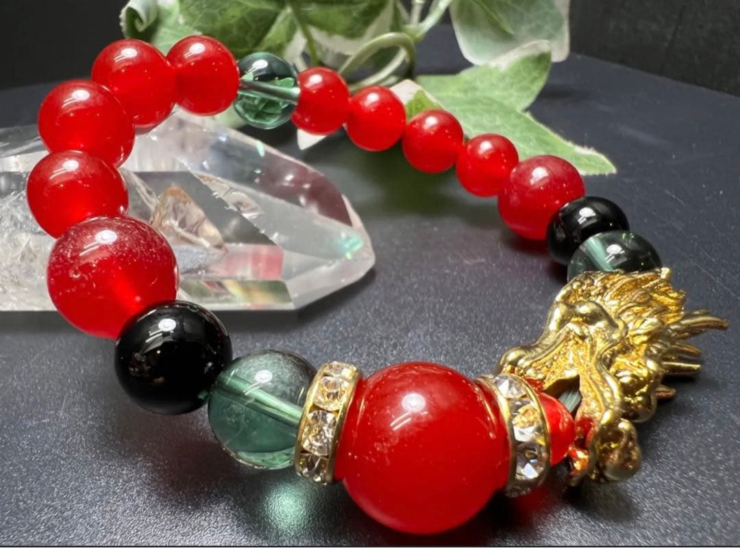 ienoriha 金龍 ＆秘紅石.緑水晶超金運ブレスレット❣️トリプル金運