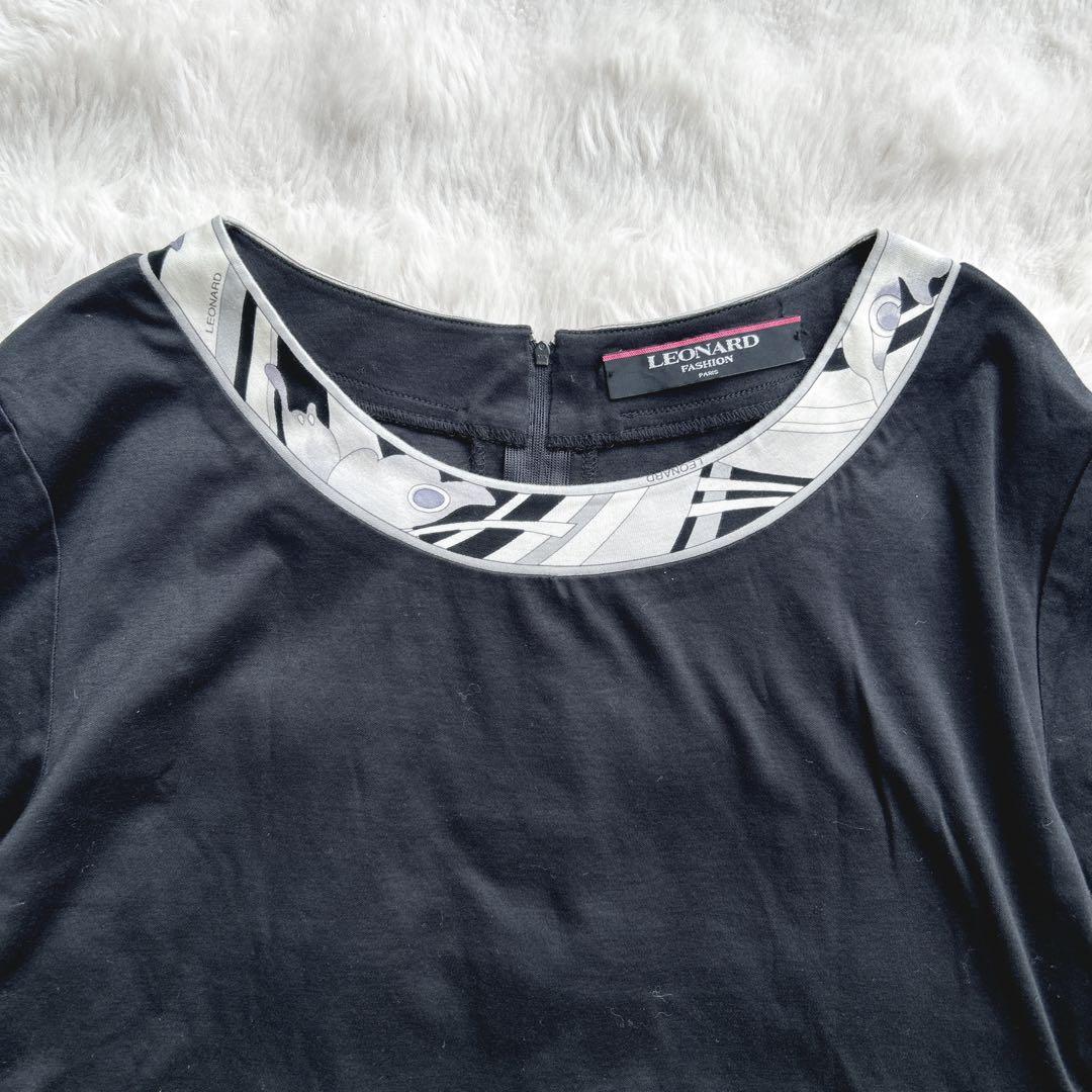 レオナール★トリム　無地　ブラック　コットン　半袖　カットソー