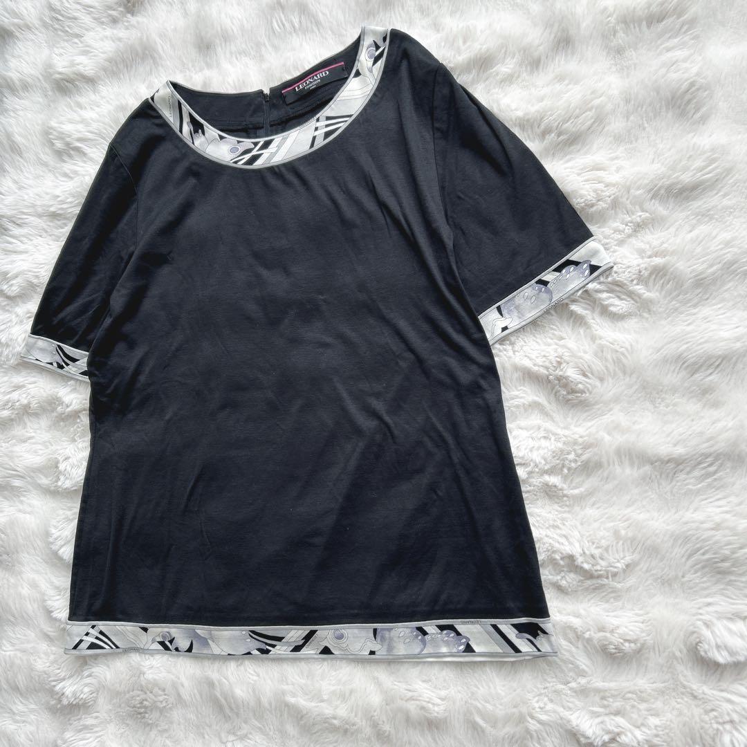 レオナール★トリム　無地　ブラック　コットン　半袖　カットソー