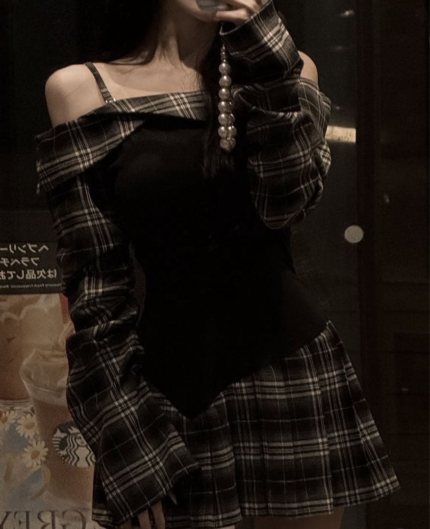 BELEAR MIMI ベリアミミ チェックシャツミニワンピース ブラック