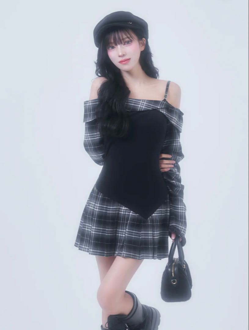 BELEAR MIMI ベリアミミ チェックシャツミニワンピース ブラック