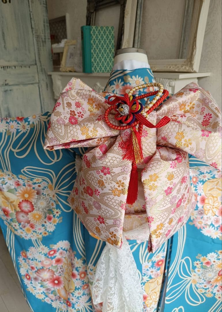 くすみブルーに大きな花薬玉の着物と帯☆七五三フルセット
