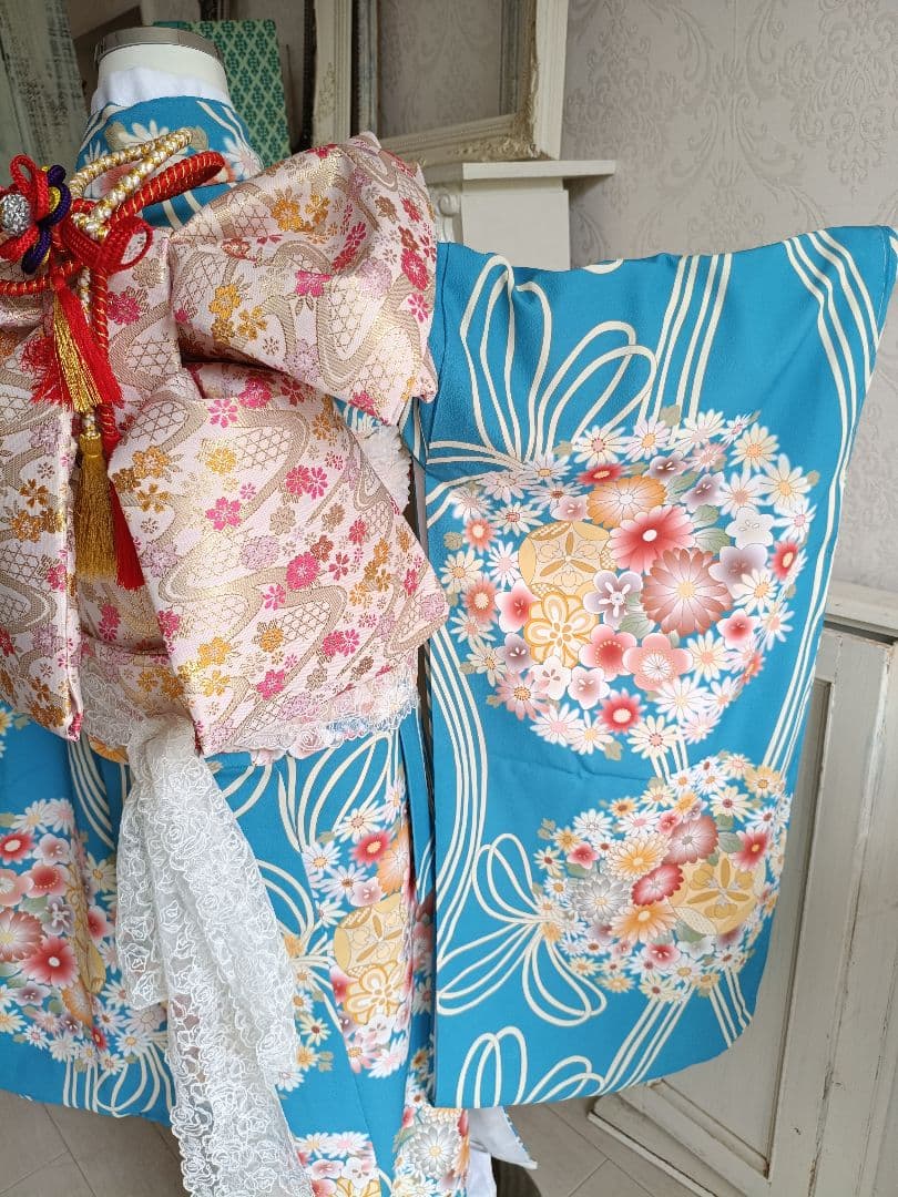 くすみブルーに大きな花薬玉の着物と帯☆七五三フルセット