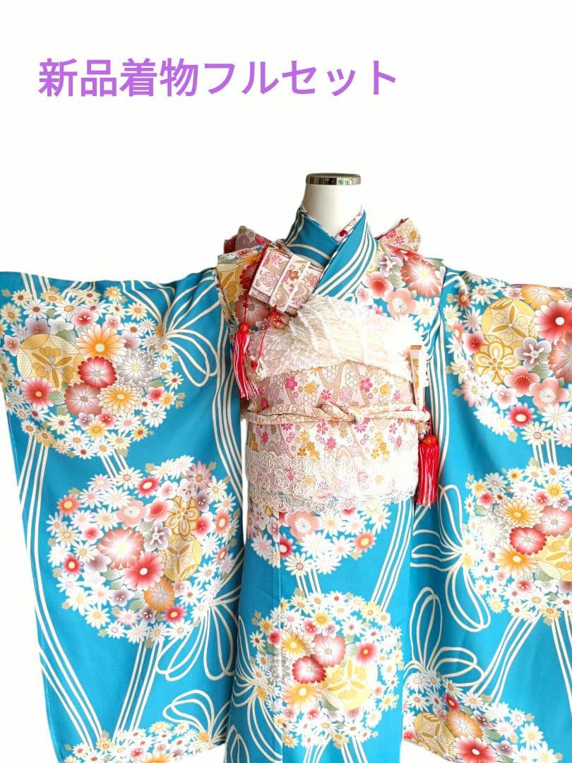 くすみブルーに大きな花薬玉の着物と帯☆七五三フルセット