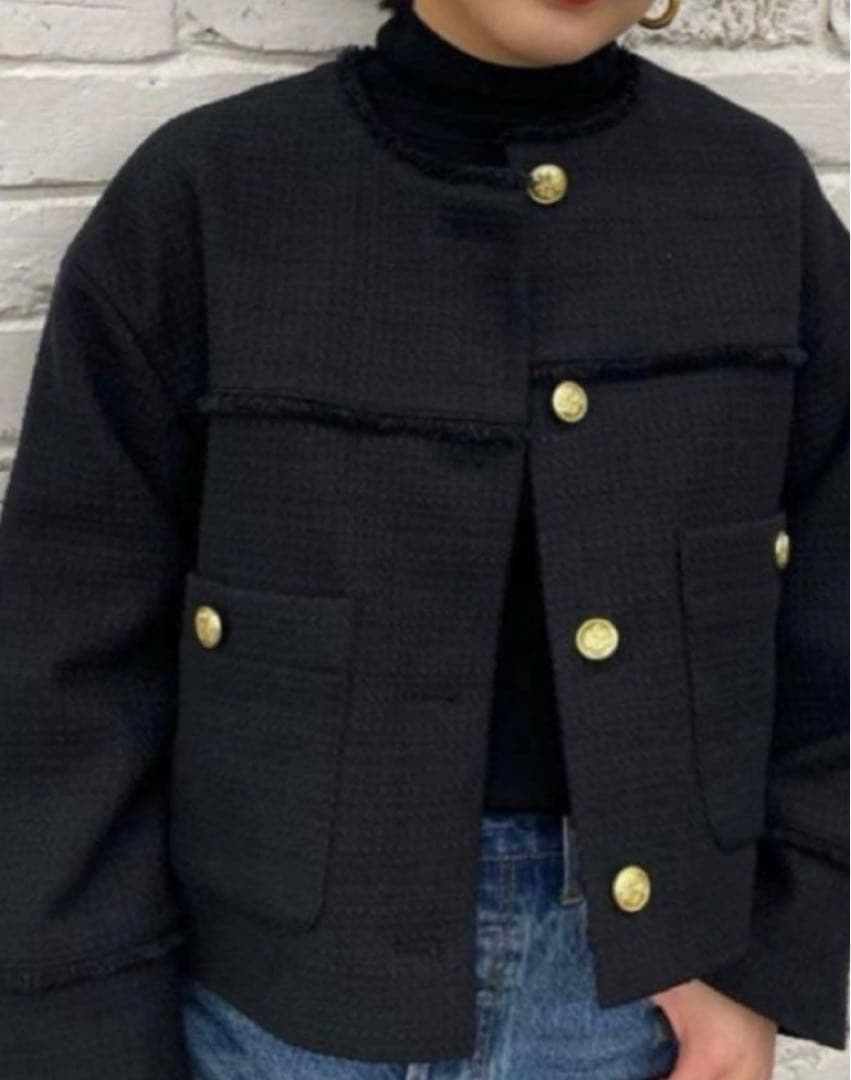 ツイードショートジャケット　ブラック　ラウンジドレス　金ボタン　長袖