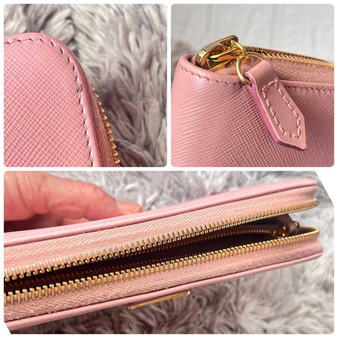 良品✨PRADA ピンク　三角ロゴ　サフィアーノ　ラウンドファスナー　長財布