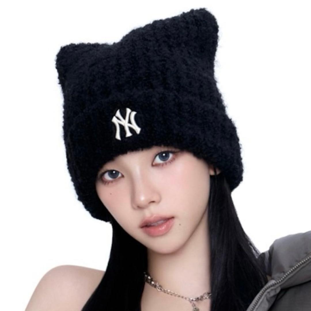 MLB 猫耳 ブラック aespaカリナ着用 韓国 ニット帽 ビーニー 冬服