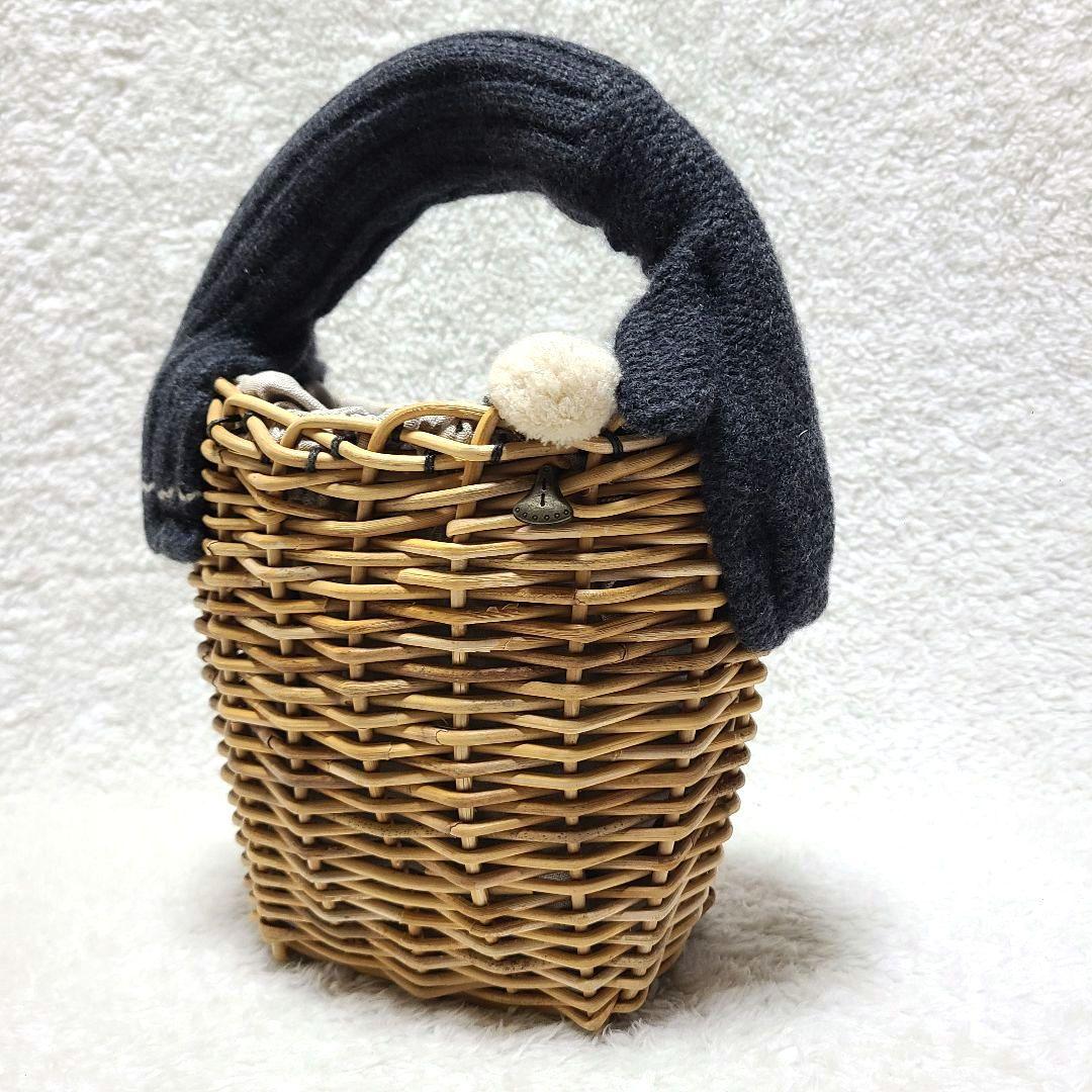 【希少】　エバゴス　かごバッグ　紅藤　鏡付き　天然素材　被せハンドル　装飾