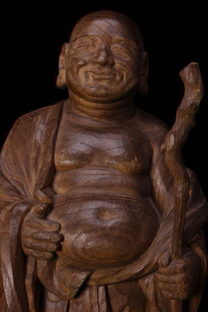 布袋尊 立像 天然木 木彫り 彫刻 一刀彫 箱付 七福神 布袋様 布袋 作家物
