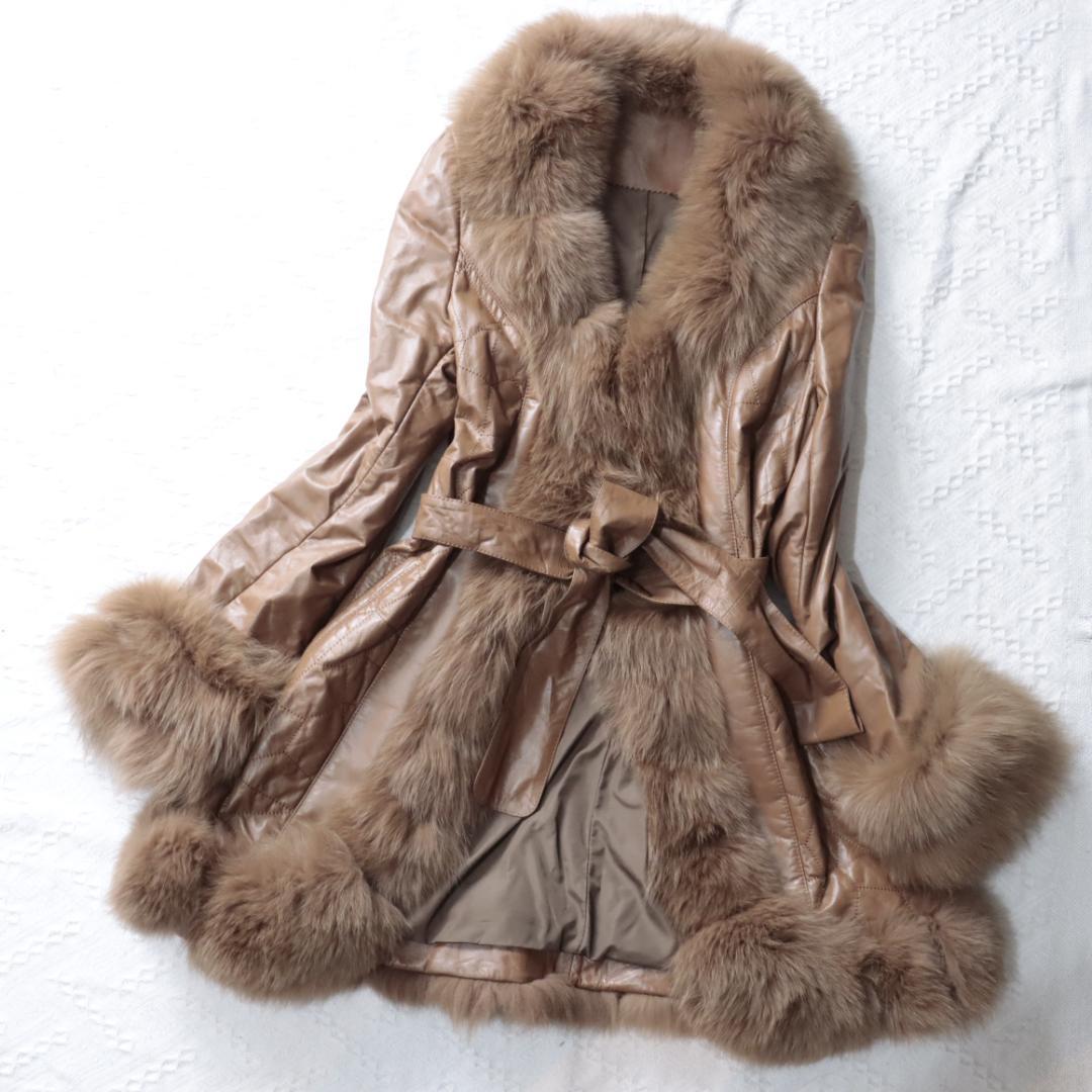 豪華ボリュームファー　レザージャケット　ロングコート　ガウンコート