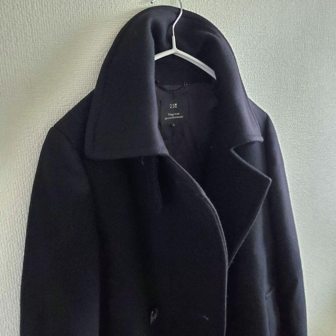 23区 イタリア製 カシミヤ混生地 黒 ピーコート チンストラップ付き 38