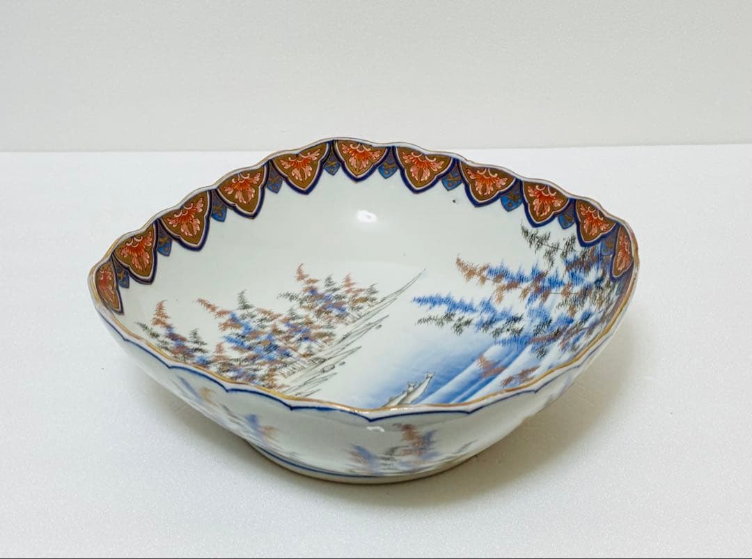 31日掲載終了 明治 香蘭社 有田焼 オールド香蘭社 色絵竹林鮎文 大鉢