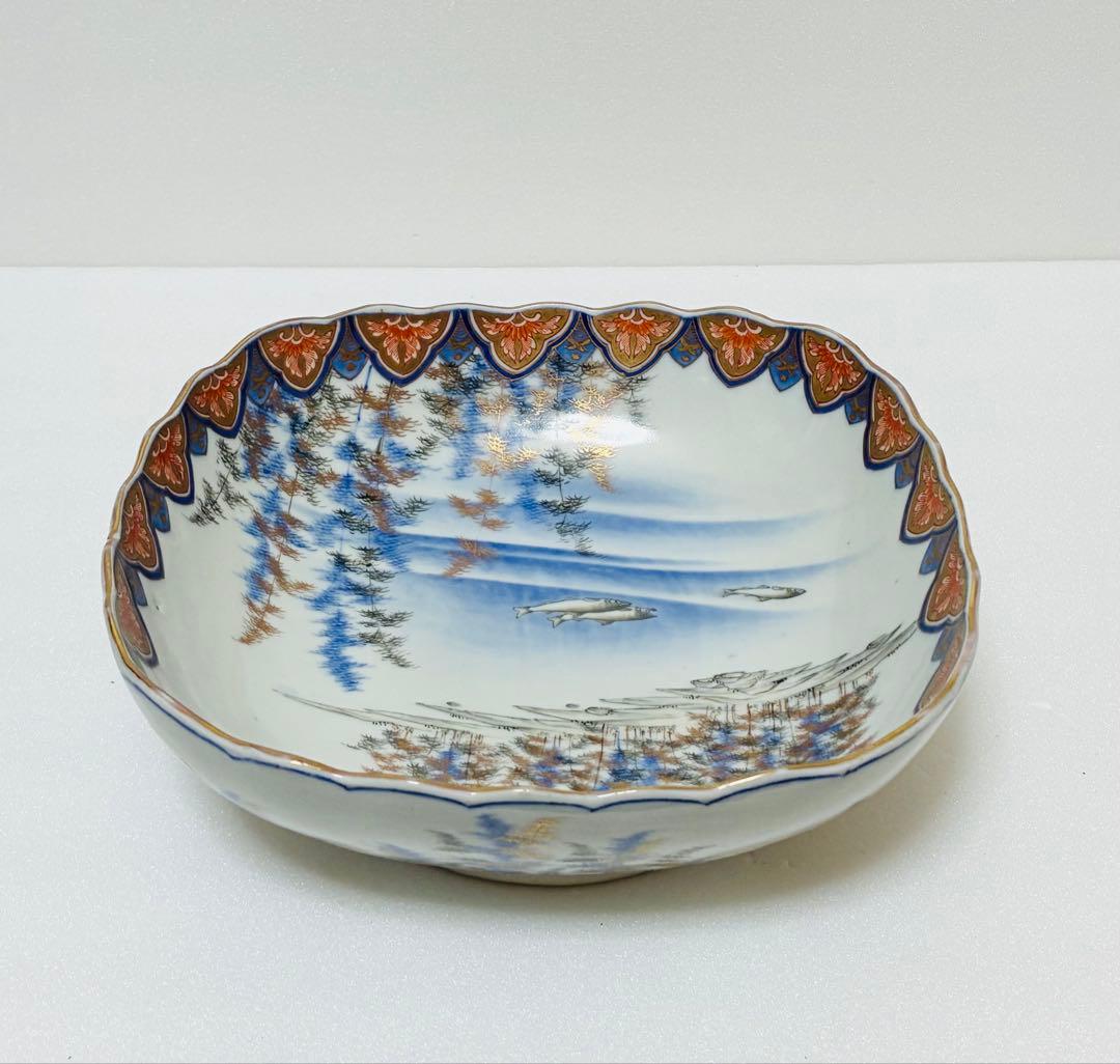 31日掲載終了 明治 香蘭社 有田焼 オールド香蘭社 色絵竹林鮎文 大鉢