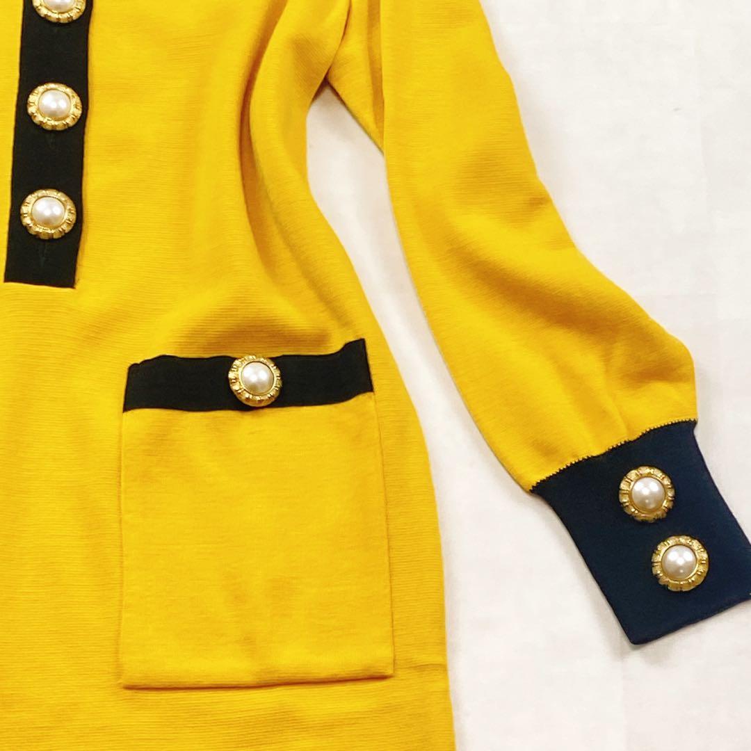 美品 サンローラン 金ボタン パールボタン ニットワンピース イエロー