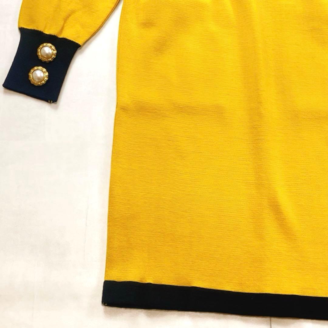 美品 サンローラン 金ボタン パールボタン ニットワンピース イエロー