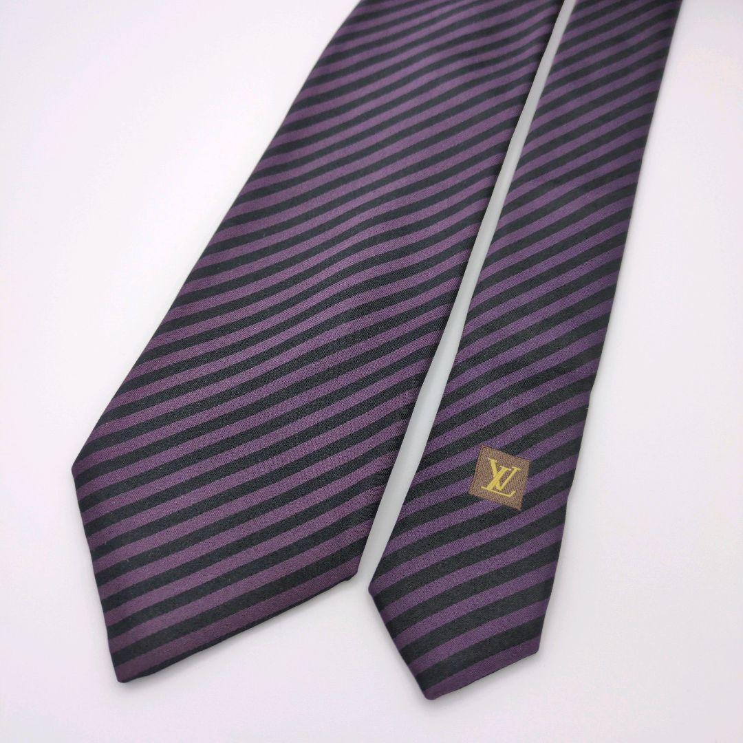 【イタリア製】ルイヴィトン ネクタイ パープル ブラック ストライプ LVロゴ