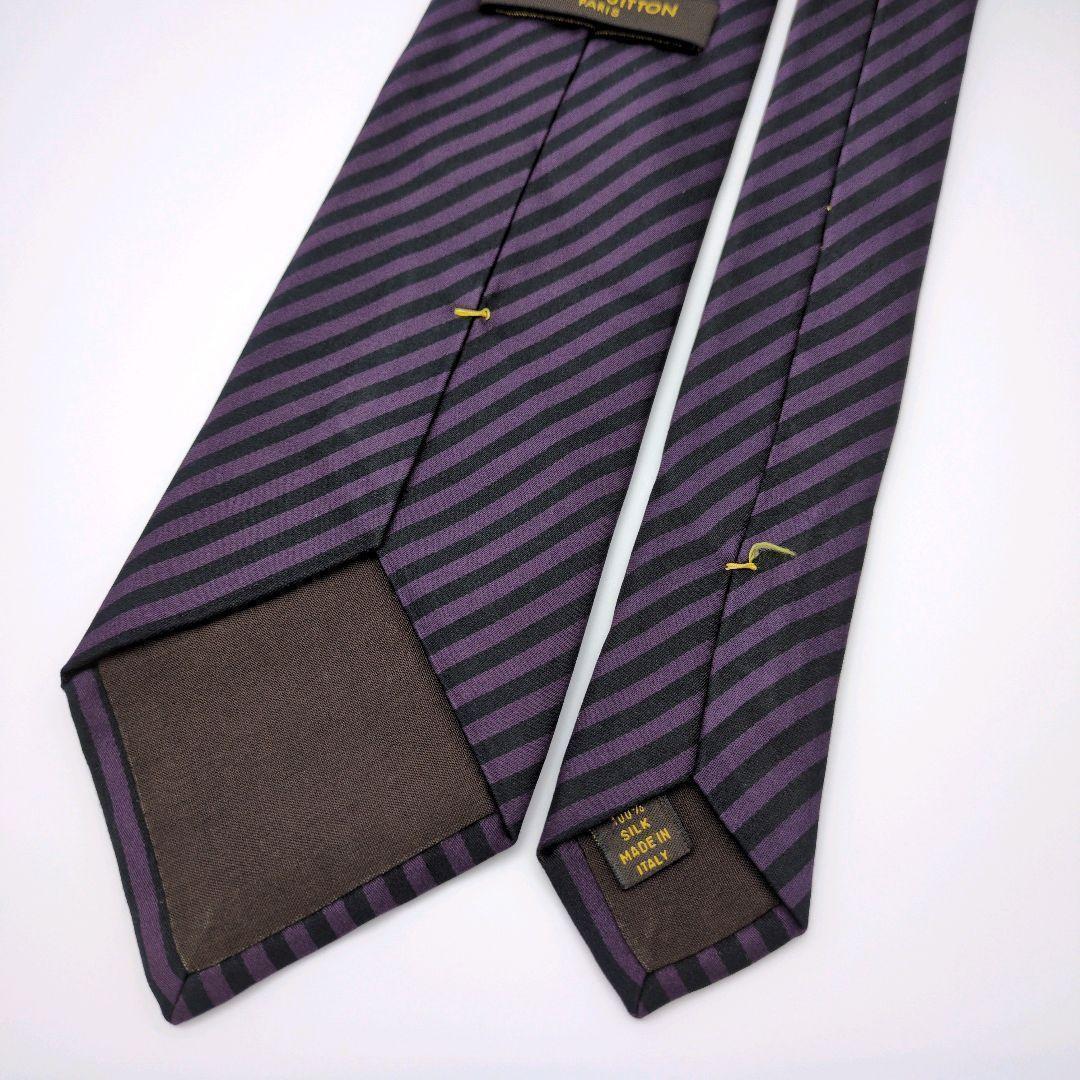 【イタリア製】ルイヴィトン ネクタイ パープル ブラック ストライプ LVロゴ