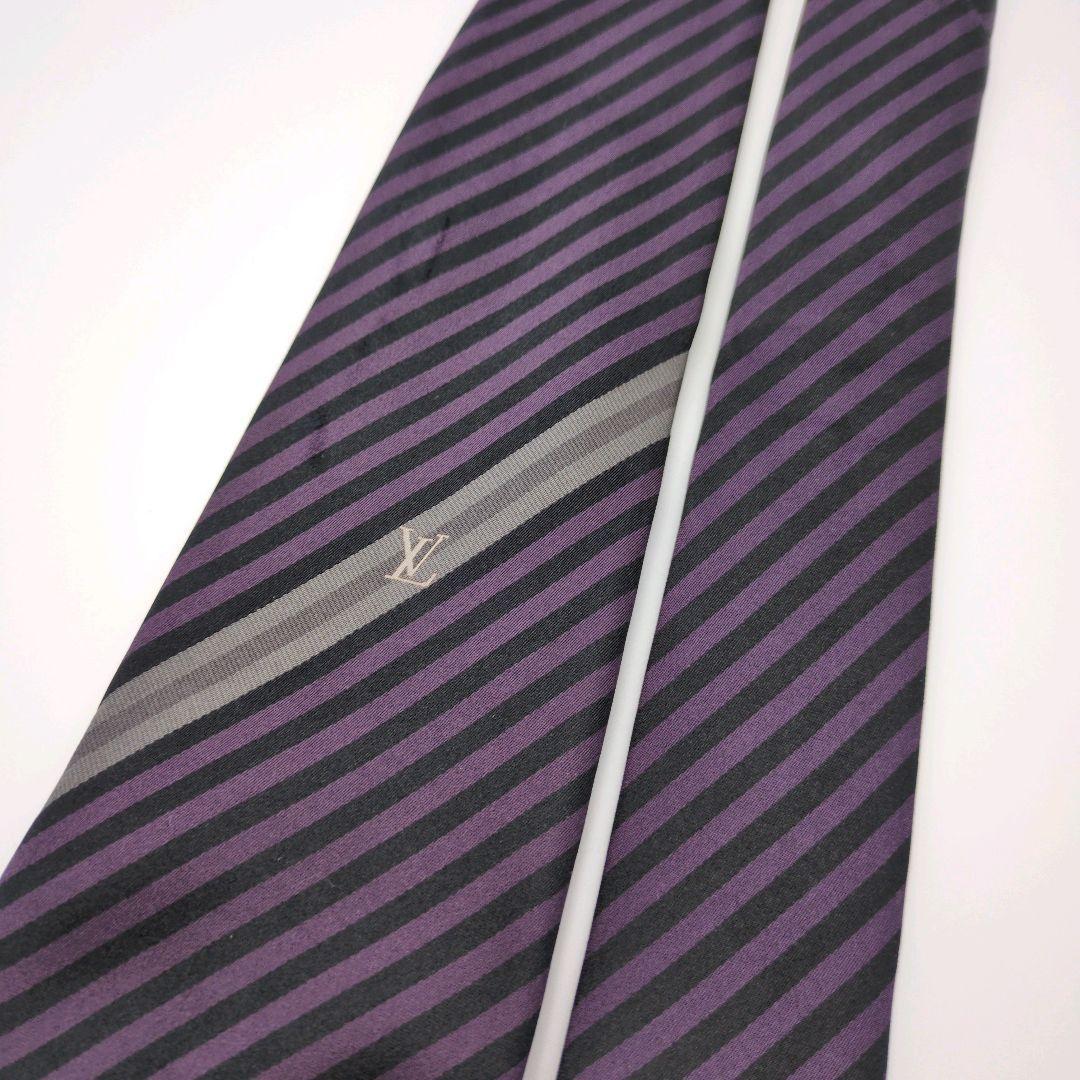 【イタリア製】ルイヴィトン ネクタイ パープル ブラック ストライプ LVロゴ