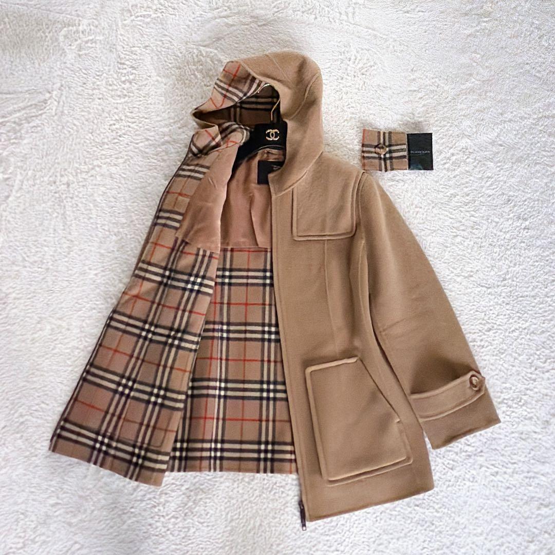 【バーバリーロンドン】カシミヤ混ウール ダブルフェイスフーデットコート キャメル