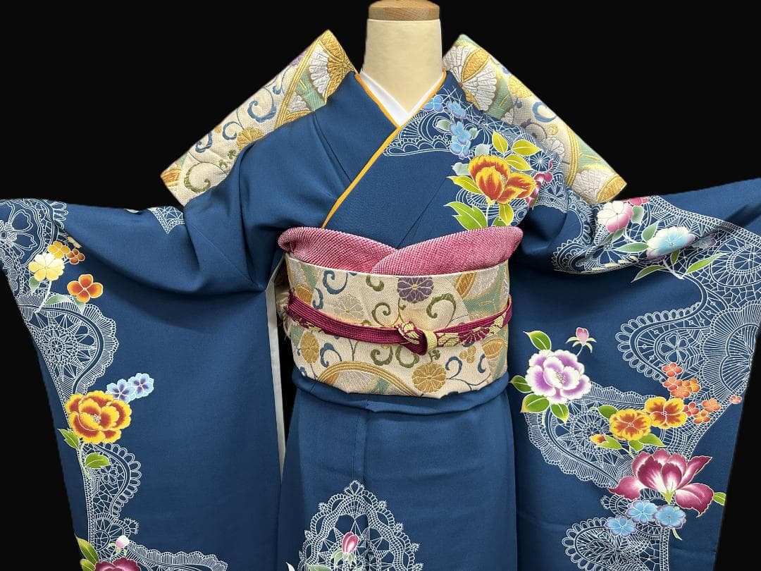 誰が袖好み 高島屋×千總 群青色 手描き友禅 振袖 落款あり