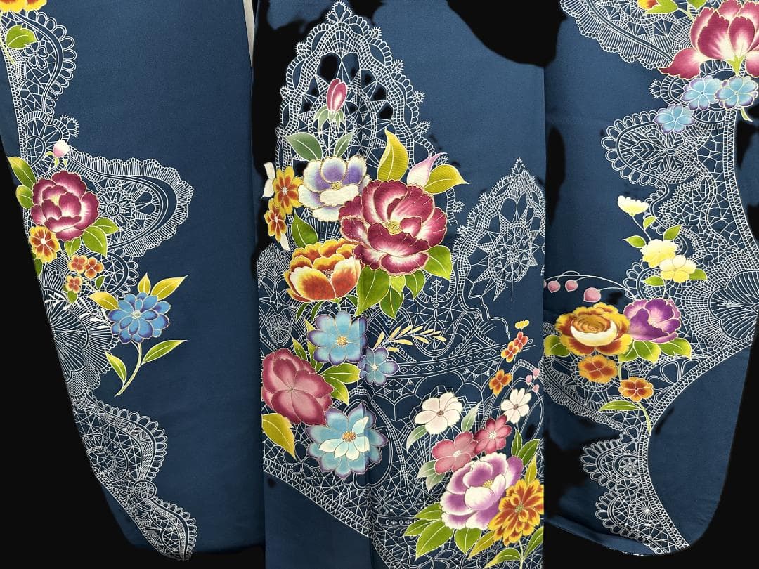 誰が袖好み 高島屋×千總 群青色 手描き友禅 振袖 落款あり