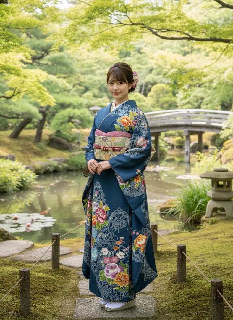 誰が袖好み 高島屋×千總 群青色 手描き友禅 振袖 落款あり